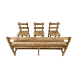 Vintage Wooden Dining Set of Bench & 3 Chairs