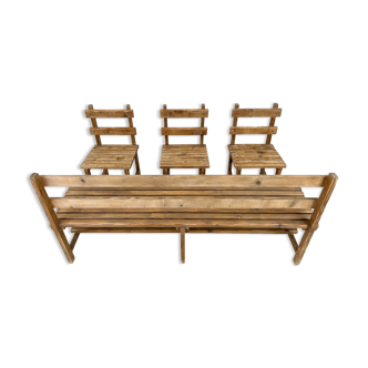 Ensemble de salle à manger vintage en bois de banc et 3 chaises
