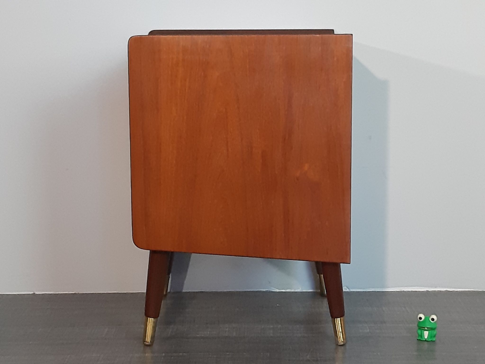 Norwegian bedside table with 3 drawers, teak and brass clogs