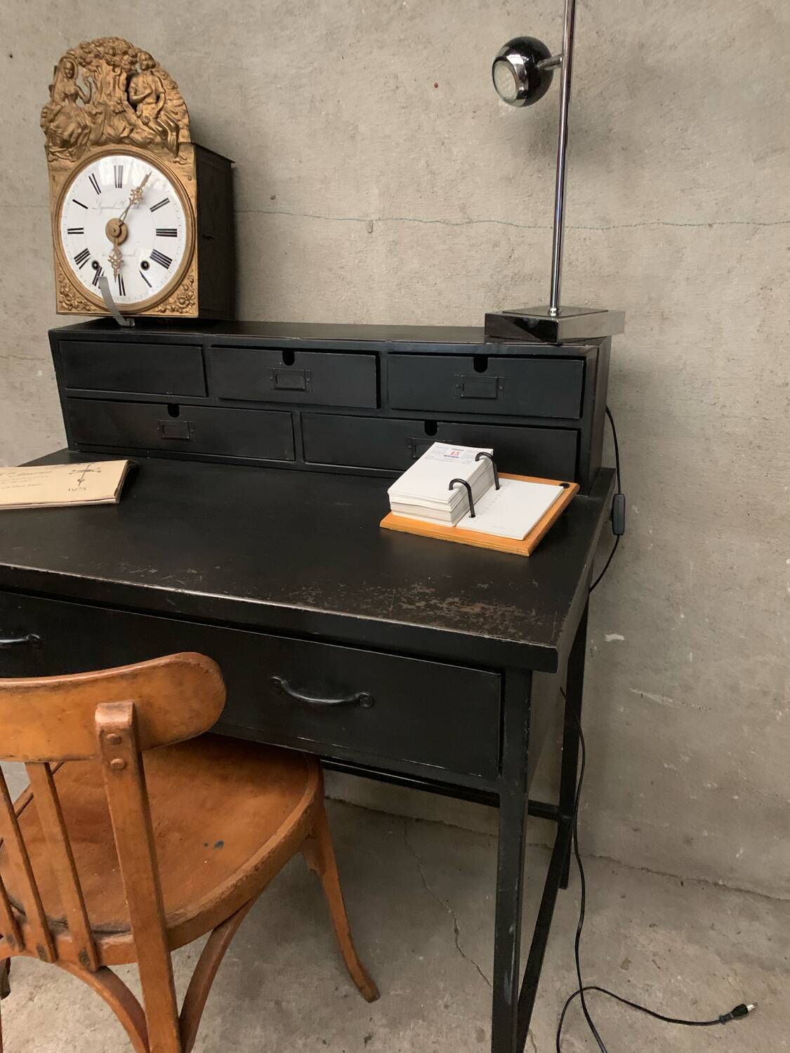 Matte black industrial secretary desk