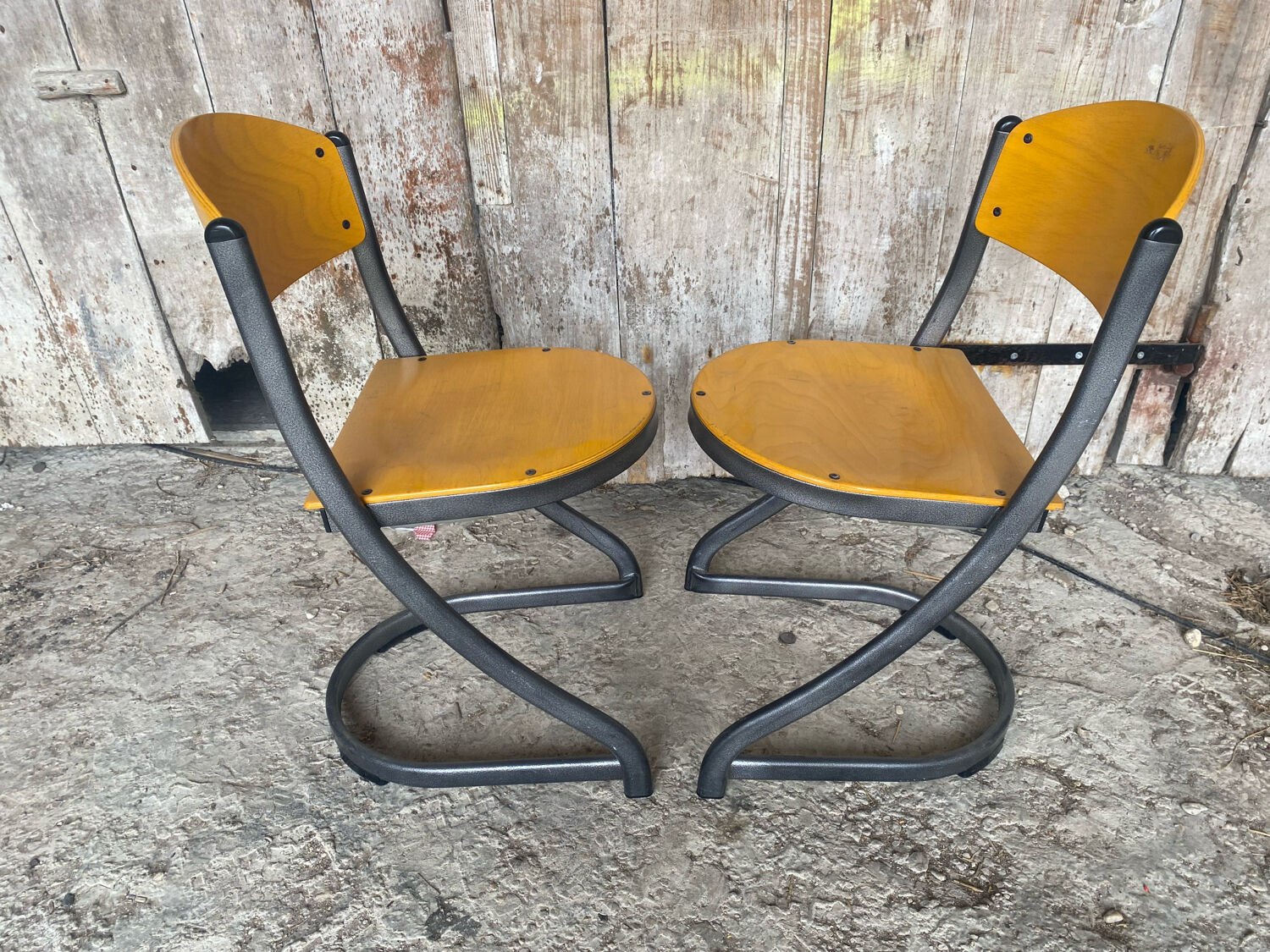 Pair of Chairs SOUVIGNET Model ELODIE Grey Metal & Wood Made in France