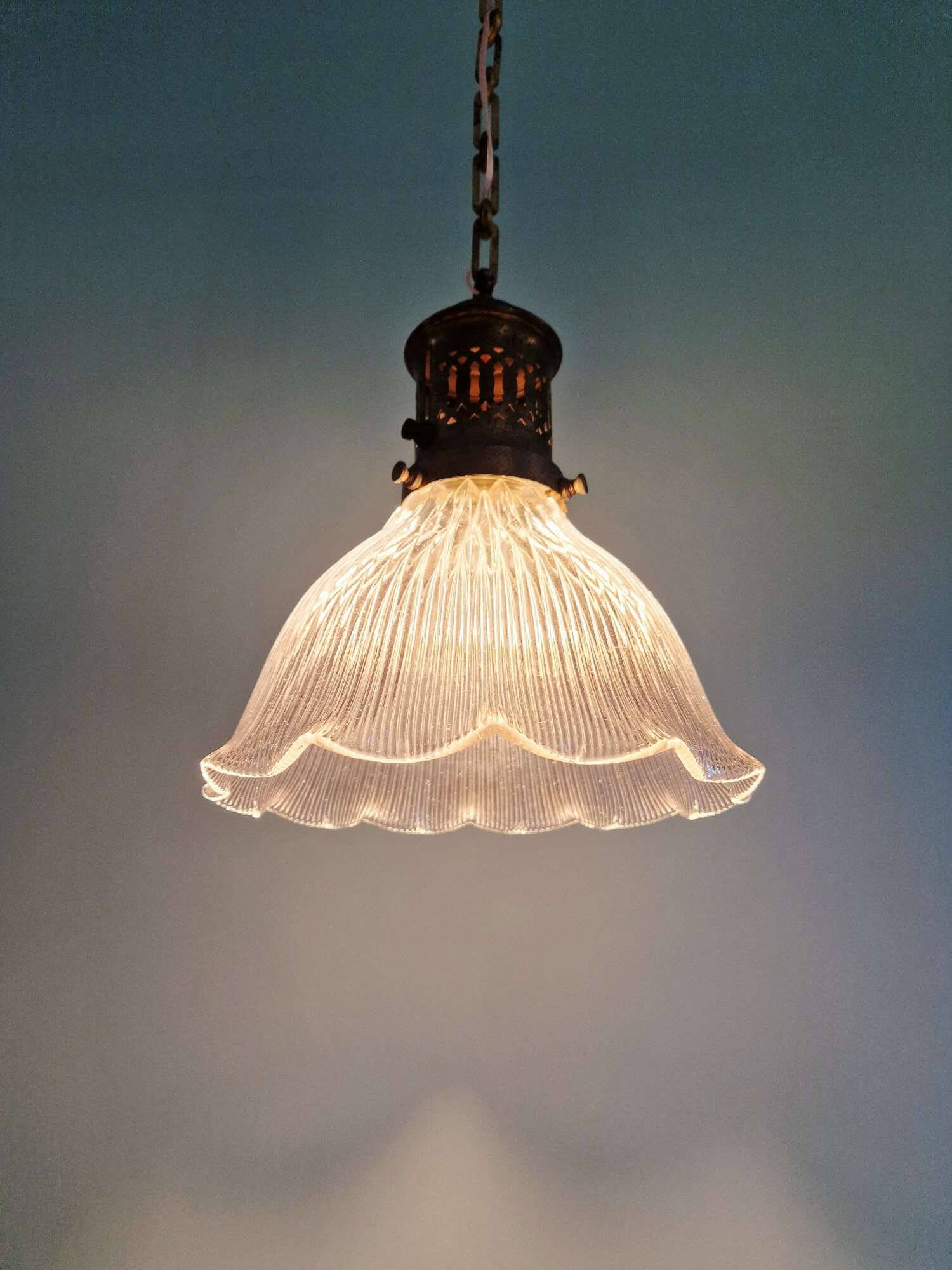 Large Holophane pendant light in clear grooved glass, 1920-30