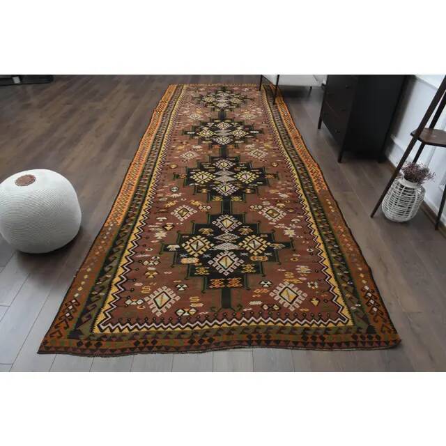 1970s Vintage Turkish Handmade Wool & Cotton Brown Runner Rug 178x475