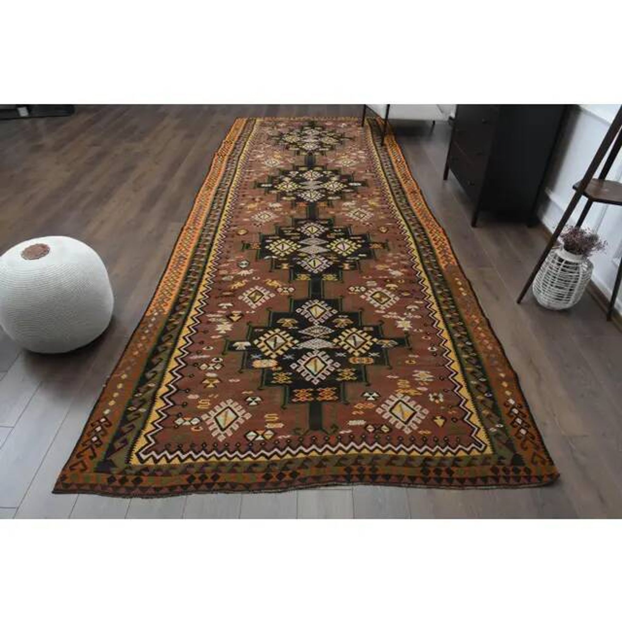 1970s Vintage Turkish Handmade Wool & Cotton Brown Runner Rug 178x475