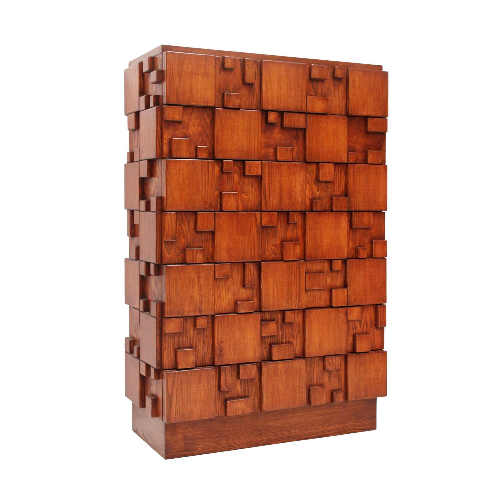 Brutalist Oak Wood Chest of Drawers with Sculptural Fronts, Italian Handcrafted