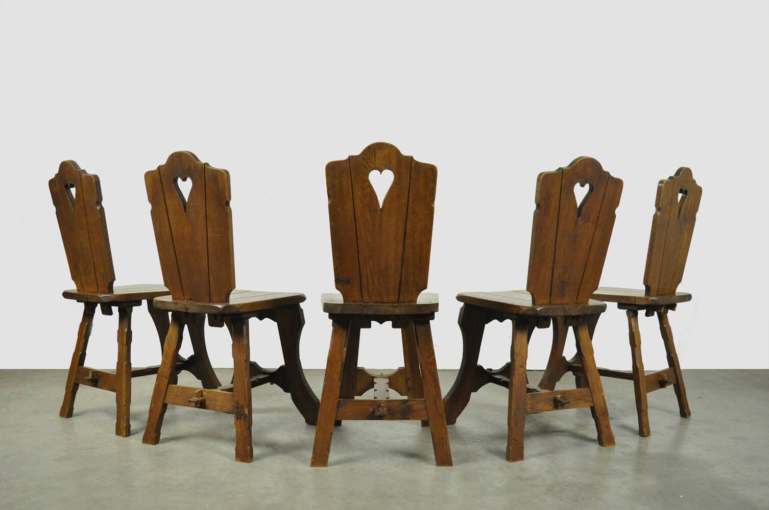 Vintage brutalist oak handmade farmhouse dining chairs, 1930s