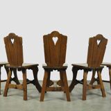 Vintage brutalist oak handmade farmhouse dining chairs, 1930s