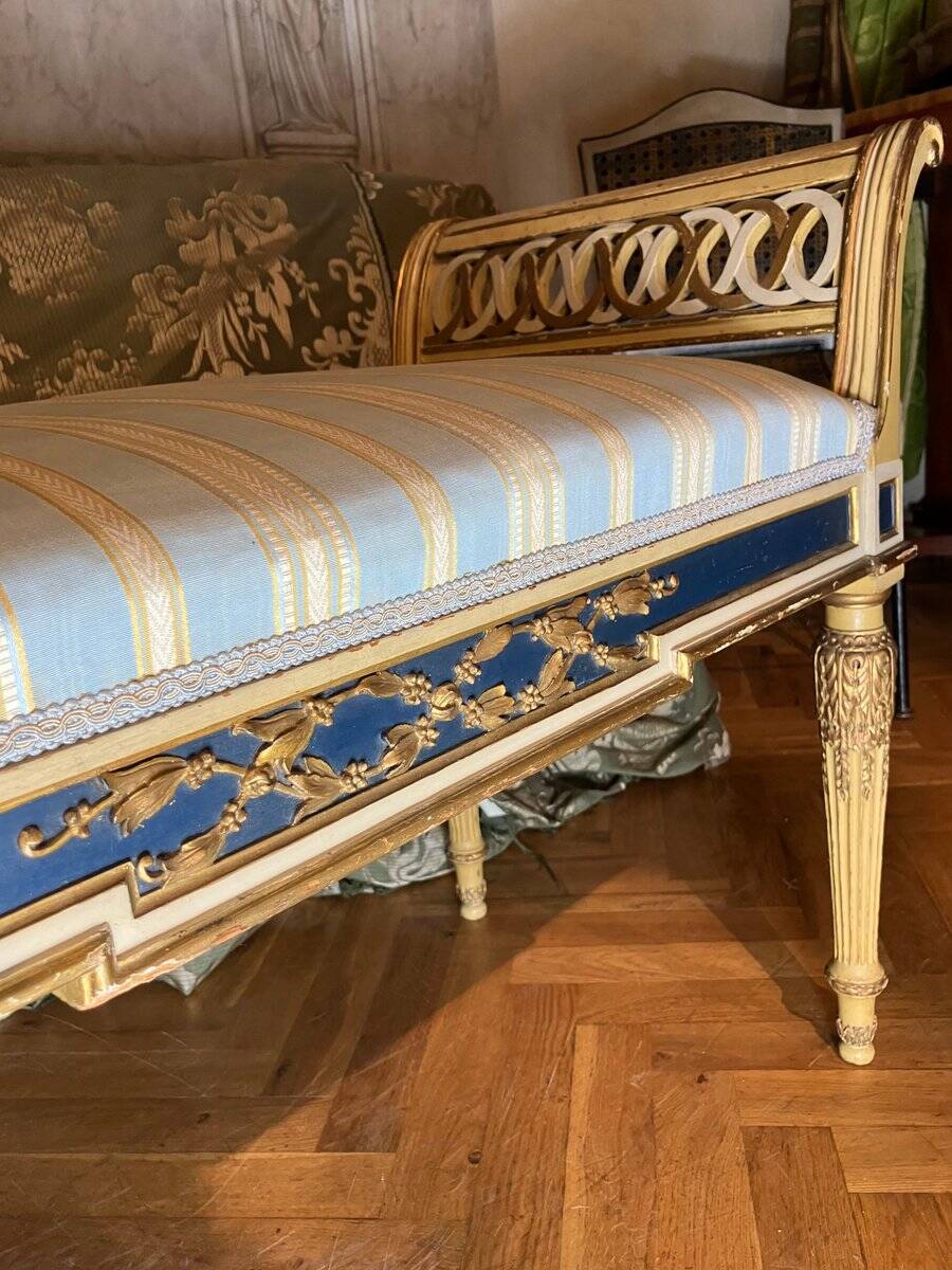 Set of Louis XVI Parcel Gilt Benches in Cream and Blue Lacquer