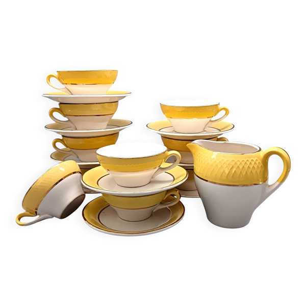 Service à café 9 tasses, pot à lait Moulin des Loups jaune texturé