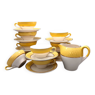 Service à café 9 tasses, pot à lait Moulin des Loups jaune texturé