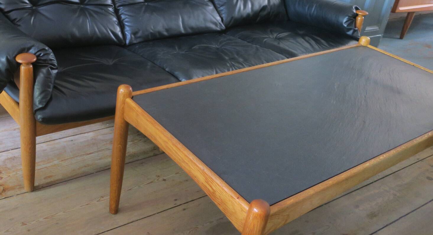 Mid century slate and solid oak coffee table by Eric Merthen, Sweden 1960s
