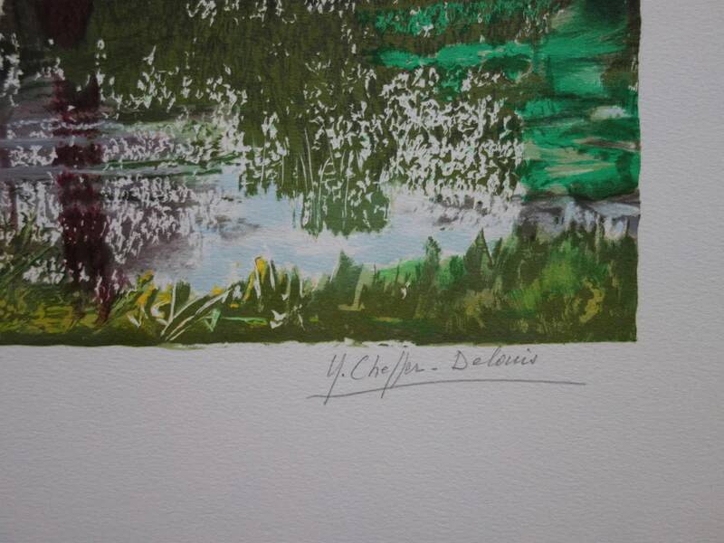 Yvonne Cheffer Delouis: Pink irises by the lake, original signed lithograph.