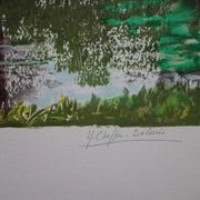 Yvonne Cheffer Delouis: Pink irises by the lake, original signed lithograph.