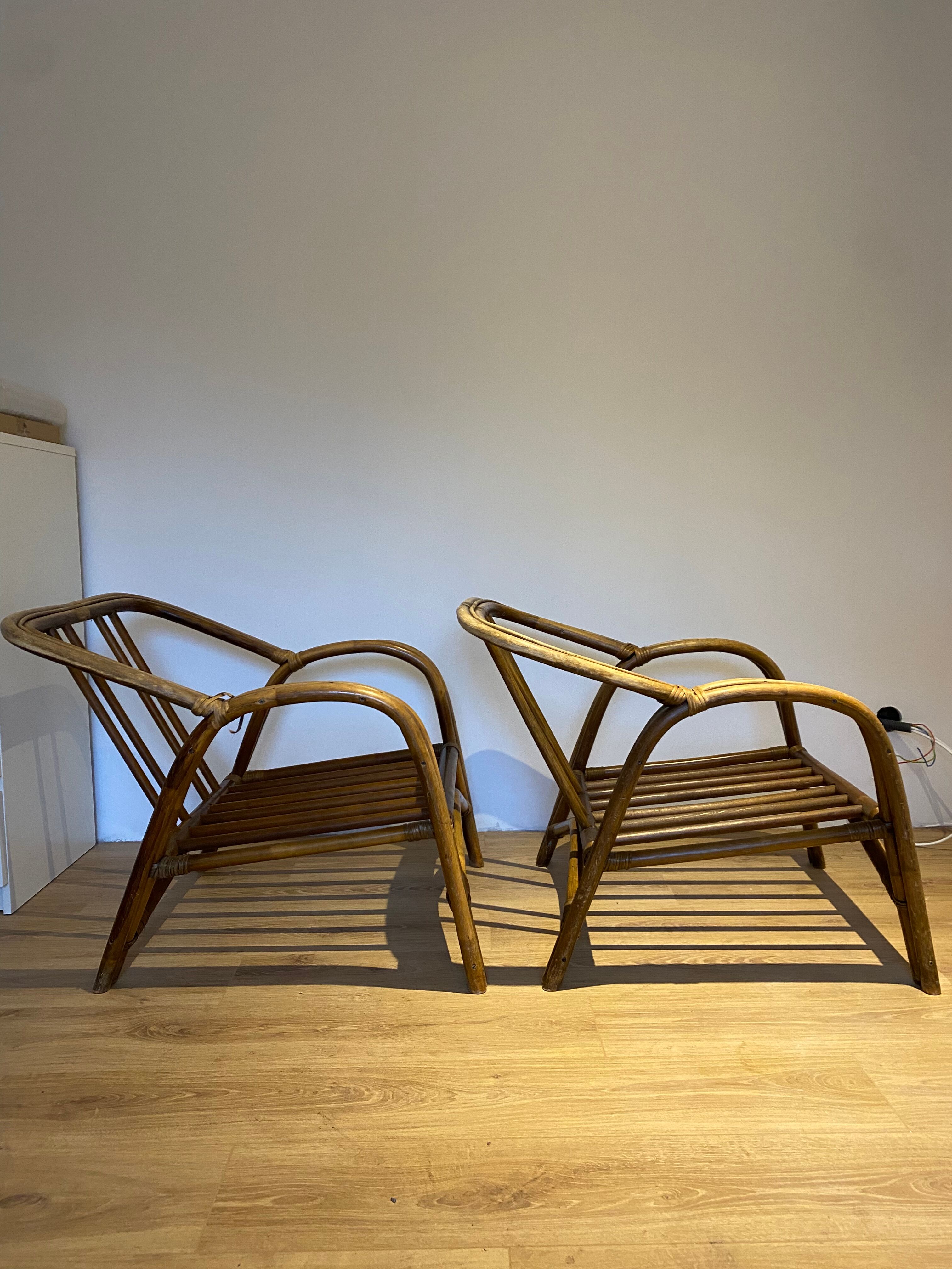 Pair of vintage rattan bamboo armchairs