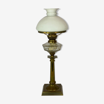 Kerosene lamp of brass with shade of white opaline glass, 1860