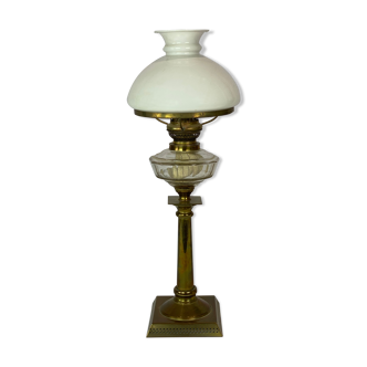 Kerosene lamp of brass with shade of white opaline glass, 1860