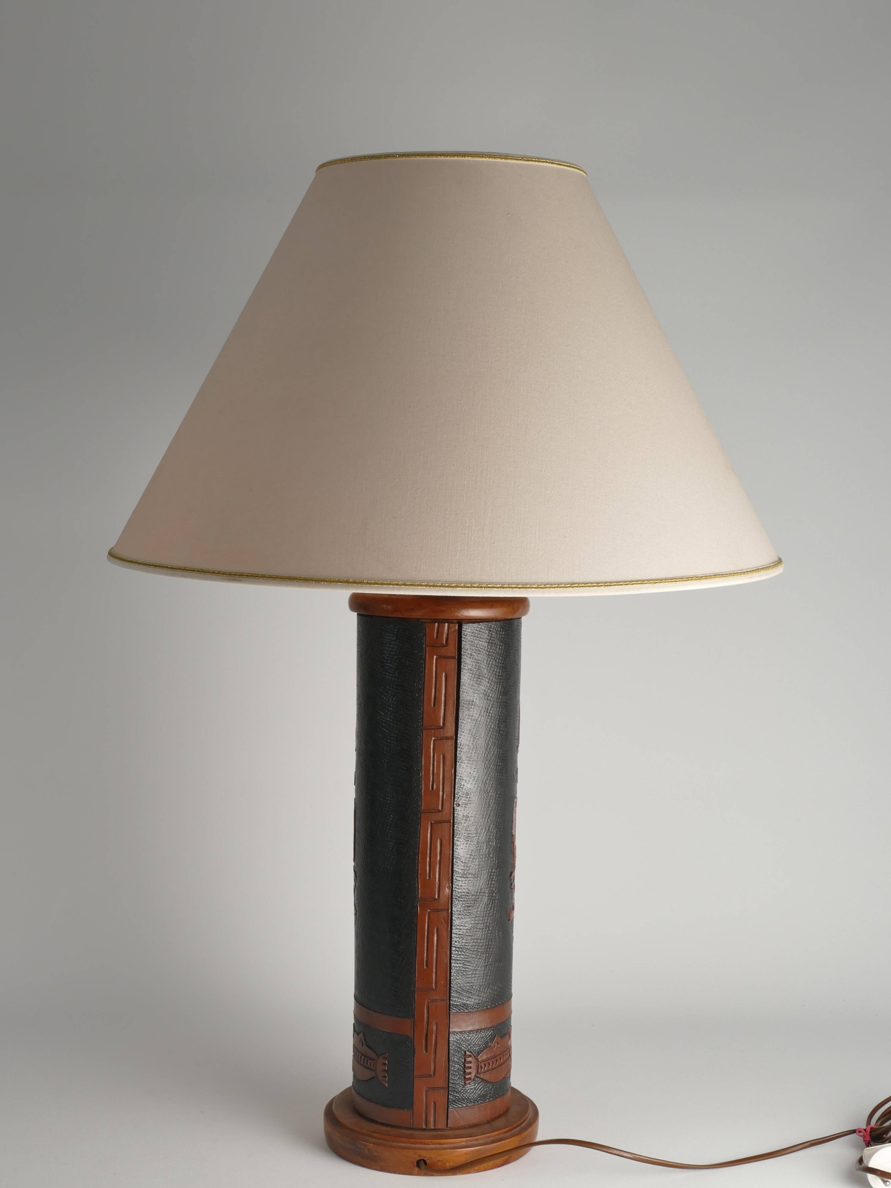 Mid-Century Modern Aztec Motif Hand Tooled Leather Table Lamp