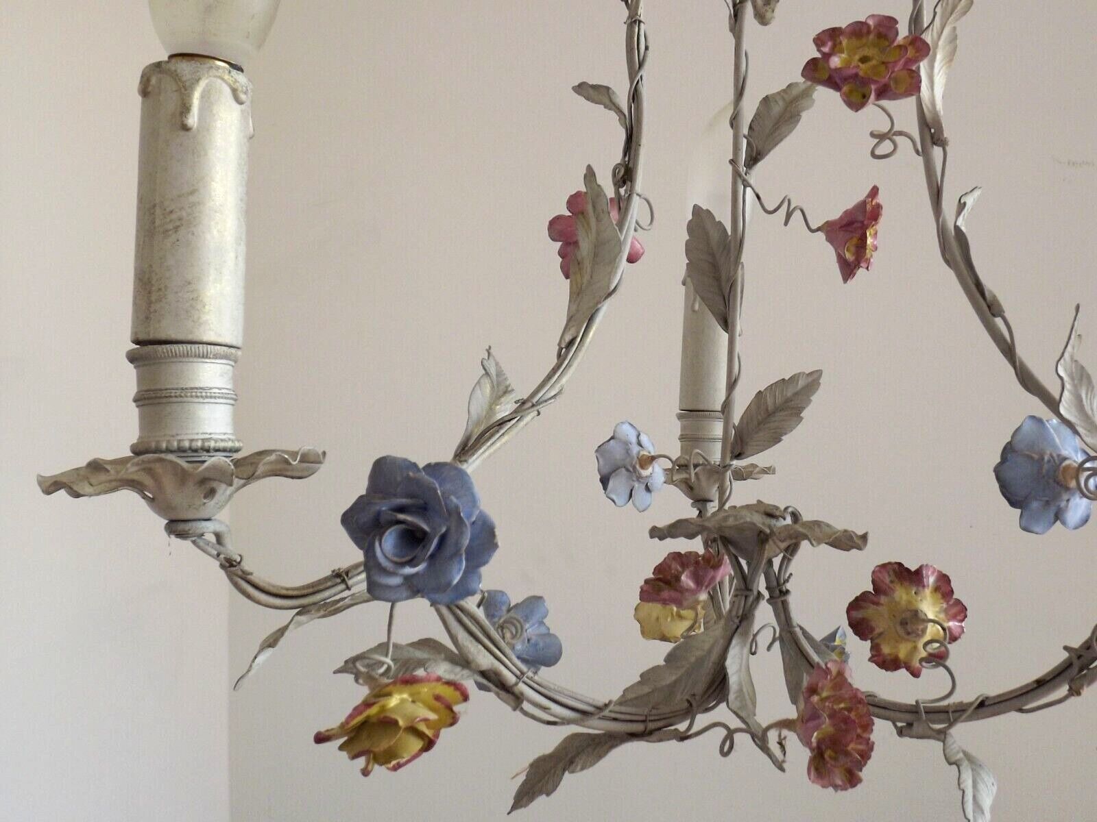 Italian tole ware 3 light cage chandelier with porcelain flowers