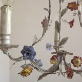 Italian tole ware 3 light cage chandelier with porcelain flowers