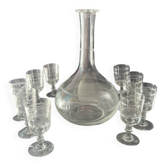 Service a liqueur art deco gravé - carafe capitaine et 9 verres assortis