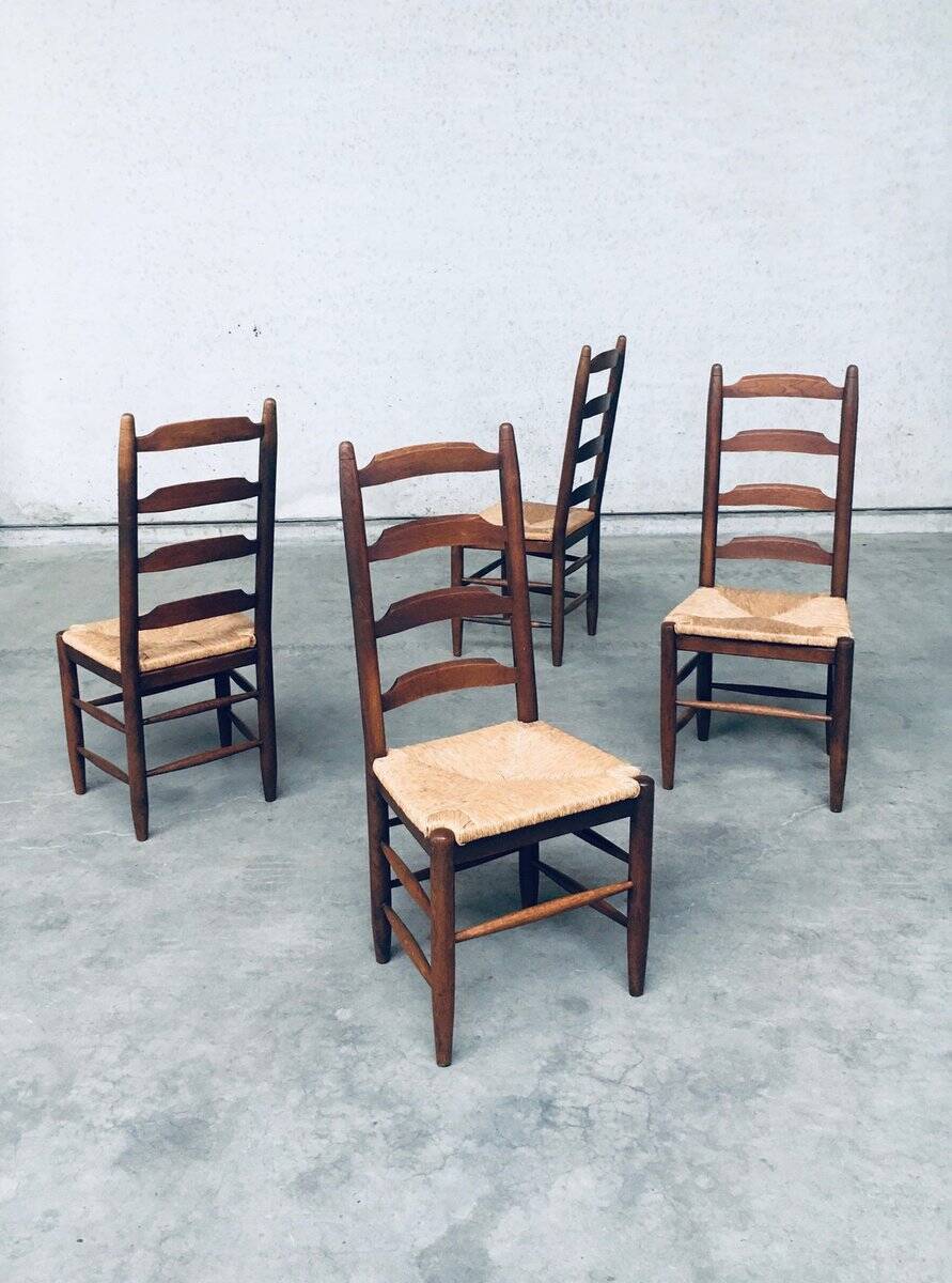 Rustic Ladder Back Oak and Rush Dining Chairs, 1960s, Set of 4