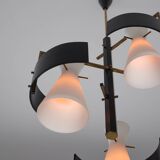 1950s Italian Brass & Black-Lacquered Chandelier with Opaline Glass Shades