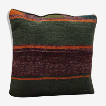 Handmade green purple wool cushion cover traditional kilim scatter pillow- 40x40cm