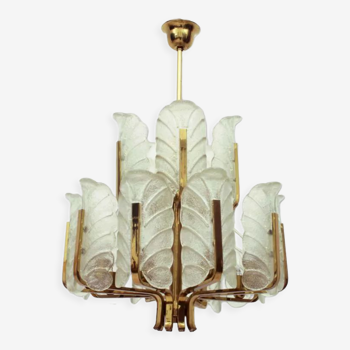 Swedish 15-armed brass & glass leaf chandelier by carl fagerlund for orrefors - 1960s