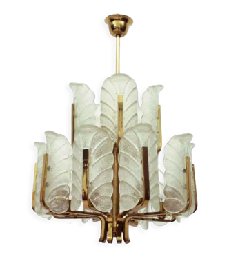 Lustre suédois à 15 bras en laiton et feuille de verre par Carl Fagerlund pour Orrefors - 1960s