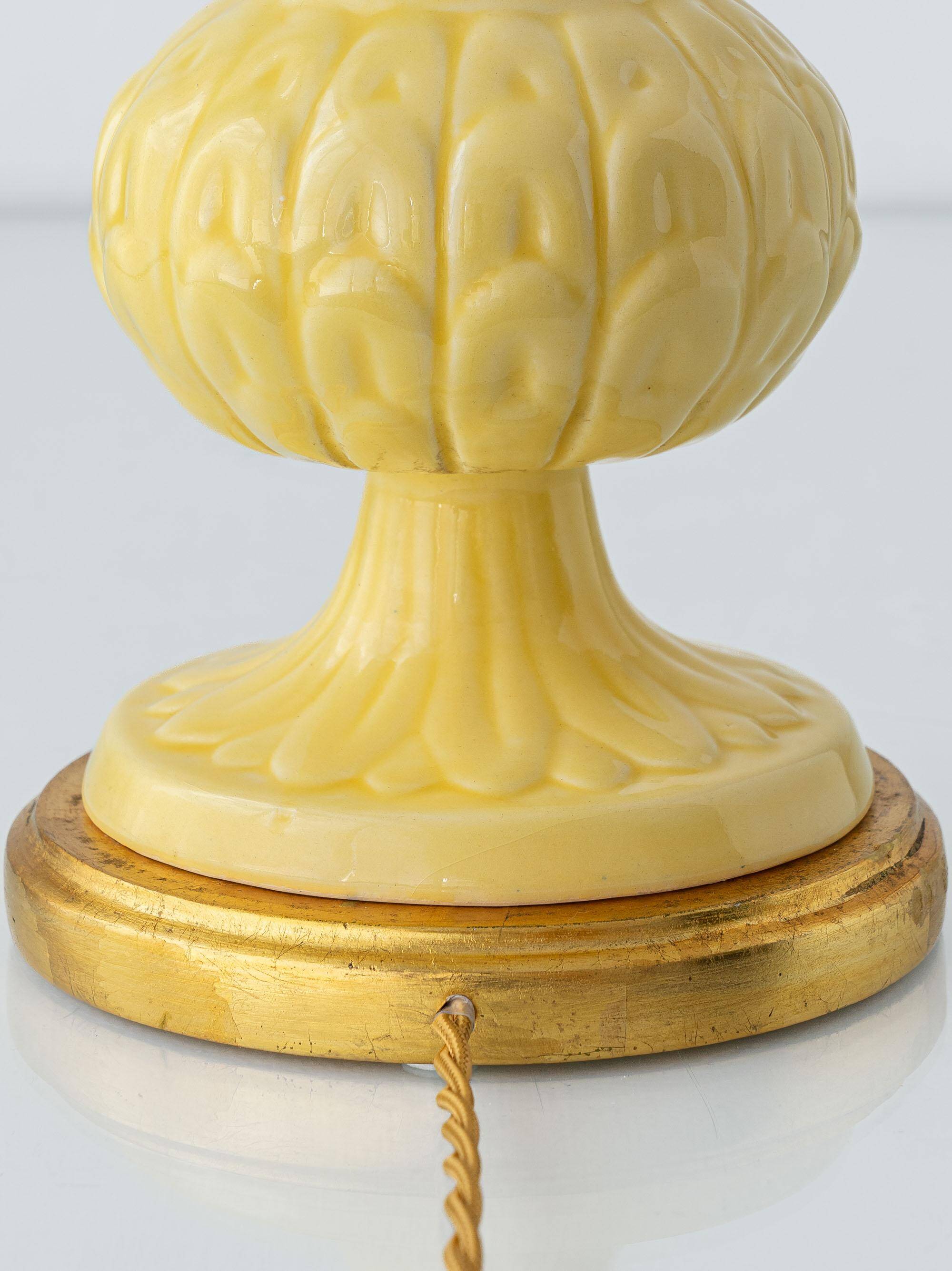 Lampe de table en céramique jaune espagnole, années 1960, abat-jour Liberty London rétro neuf