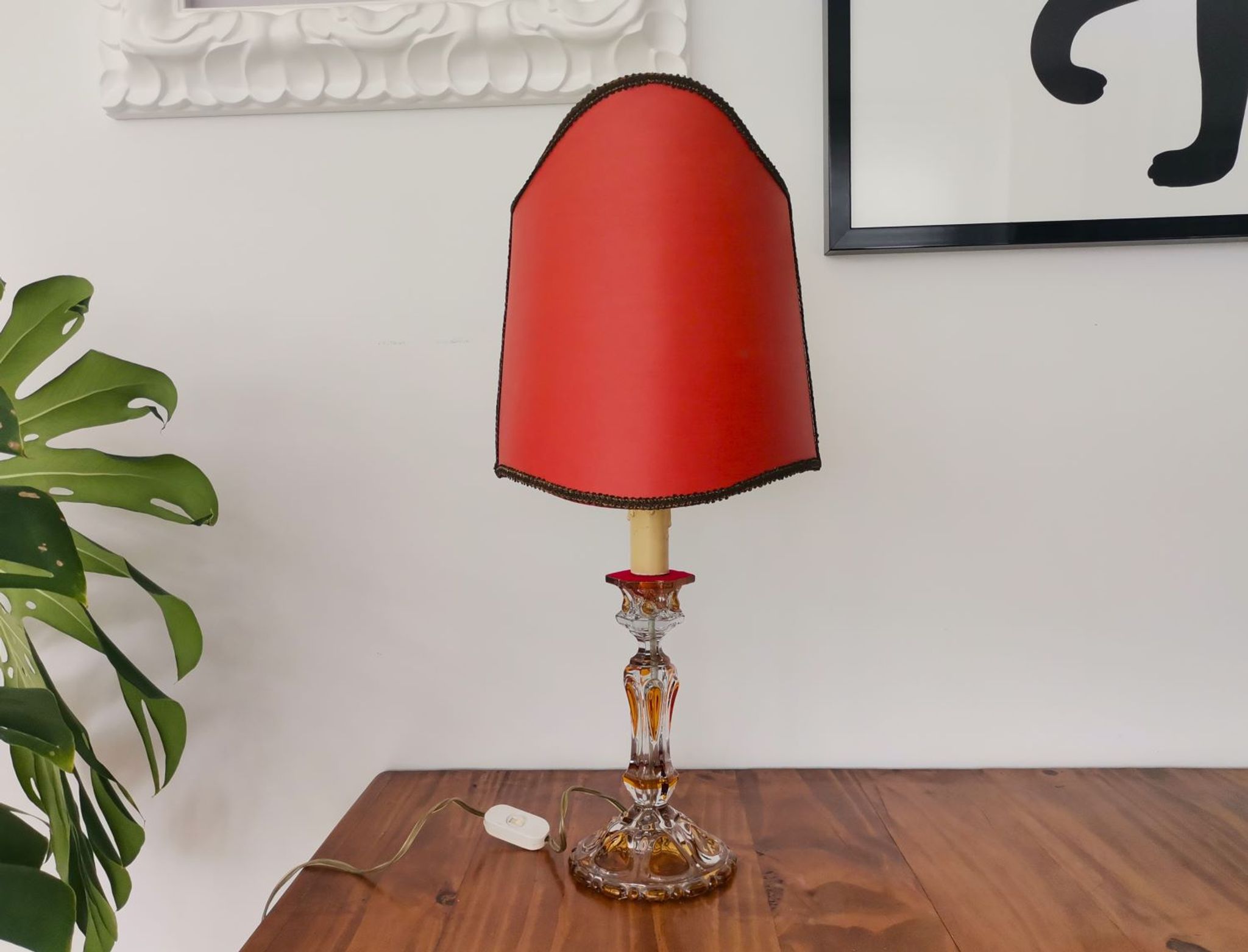 French Art Nouveau Crystal Red Silk Half Shade Table Lamp, 1940s