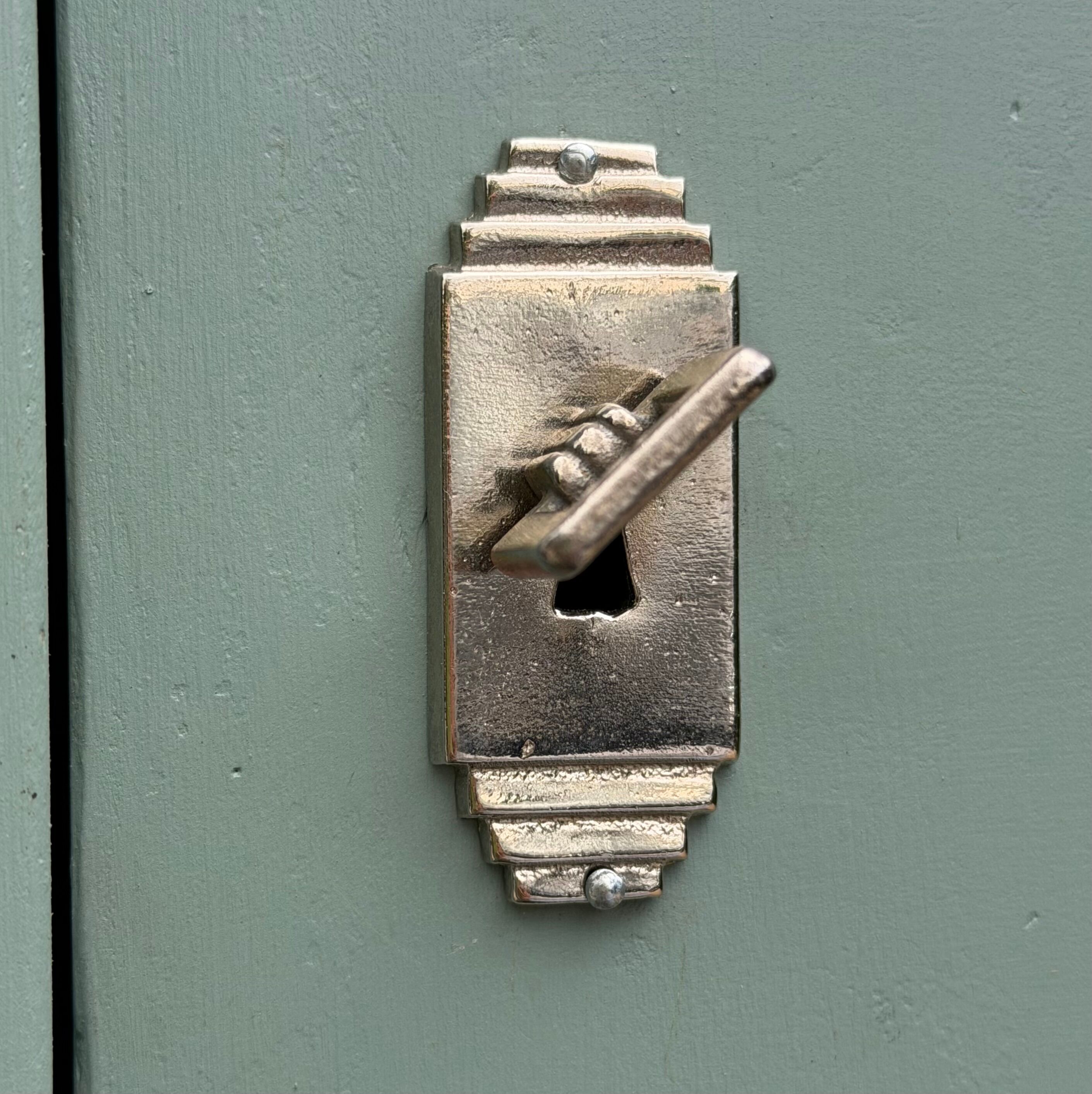 Antique Parisian wardrobe in grey-green solid pine.