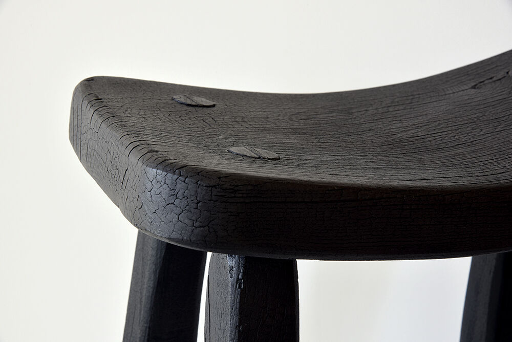 Japanese style wooden stool with burnt wood finish shou-sugi-ban