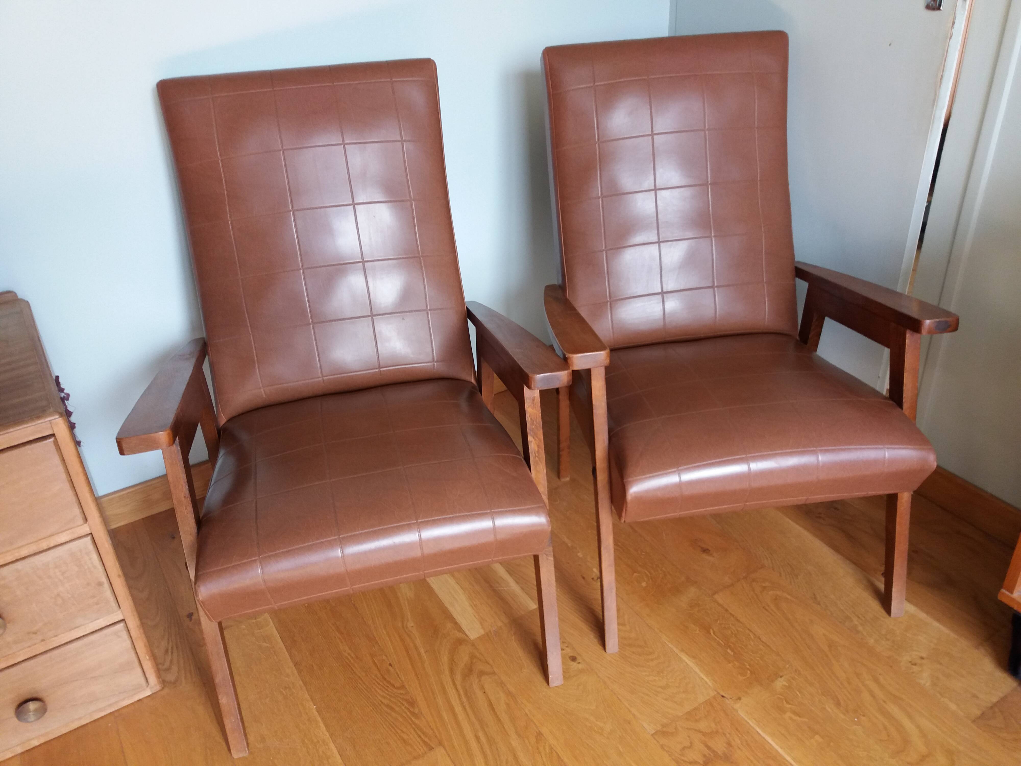 Scandinavian vintage brown skai and wood armchairs