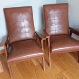 Scandinavian vintage brown skai and wood armchairs