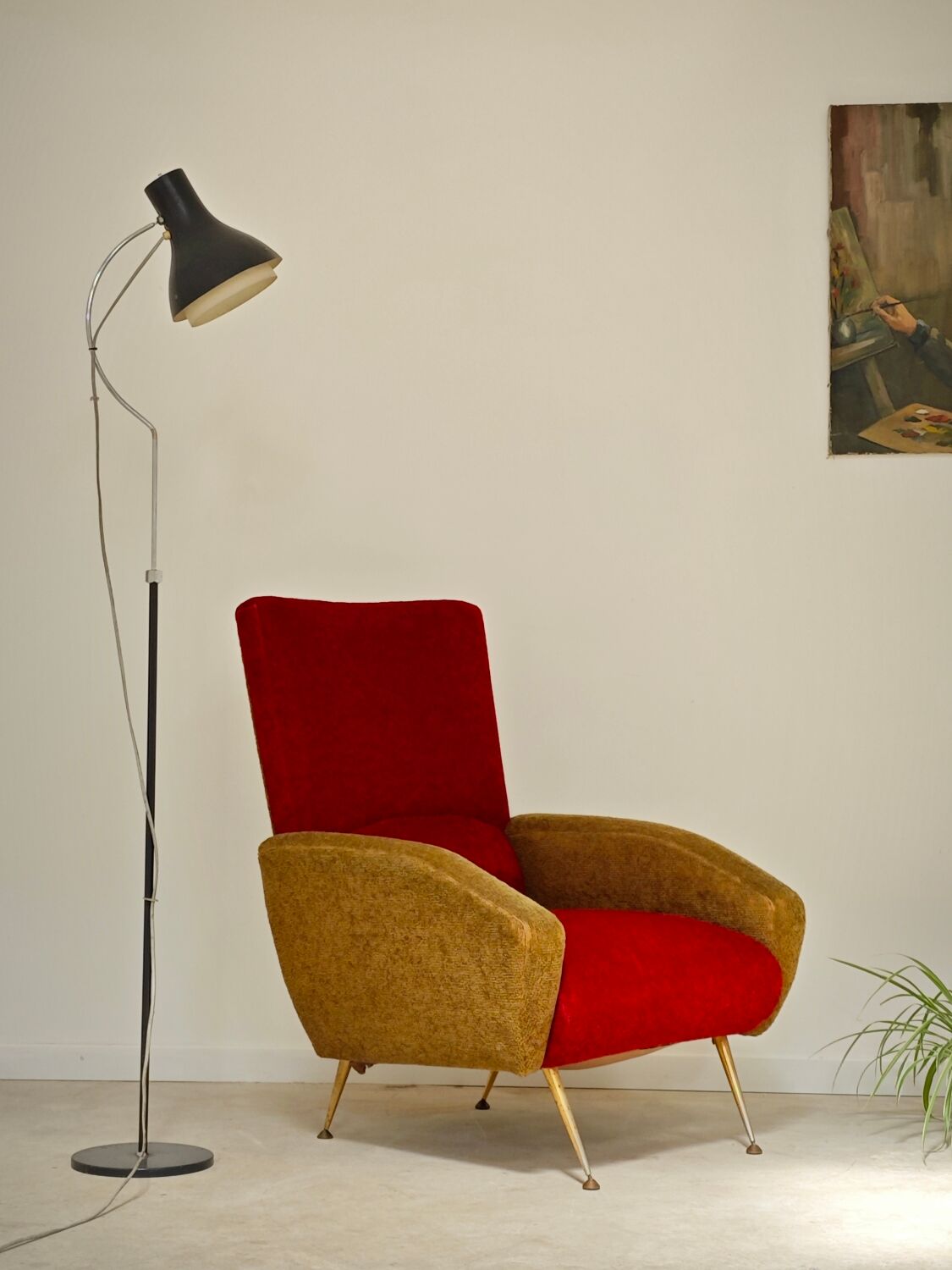 Red and mustard yellow fabric armchair in 1970s style