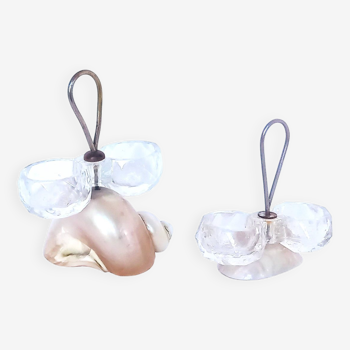 Pair of duo glass salt & pepper shakers on mother-of-pearl shells