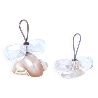 Pair of duo glass salt & pepper shakers on mother-of-pearl shells