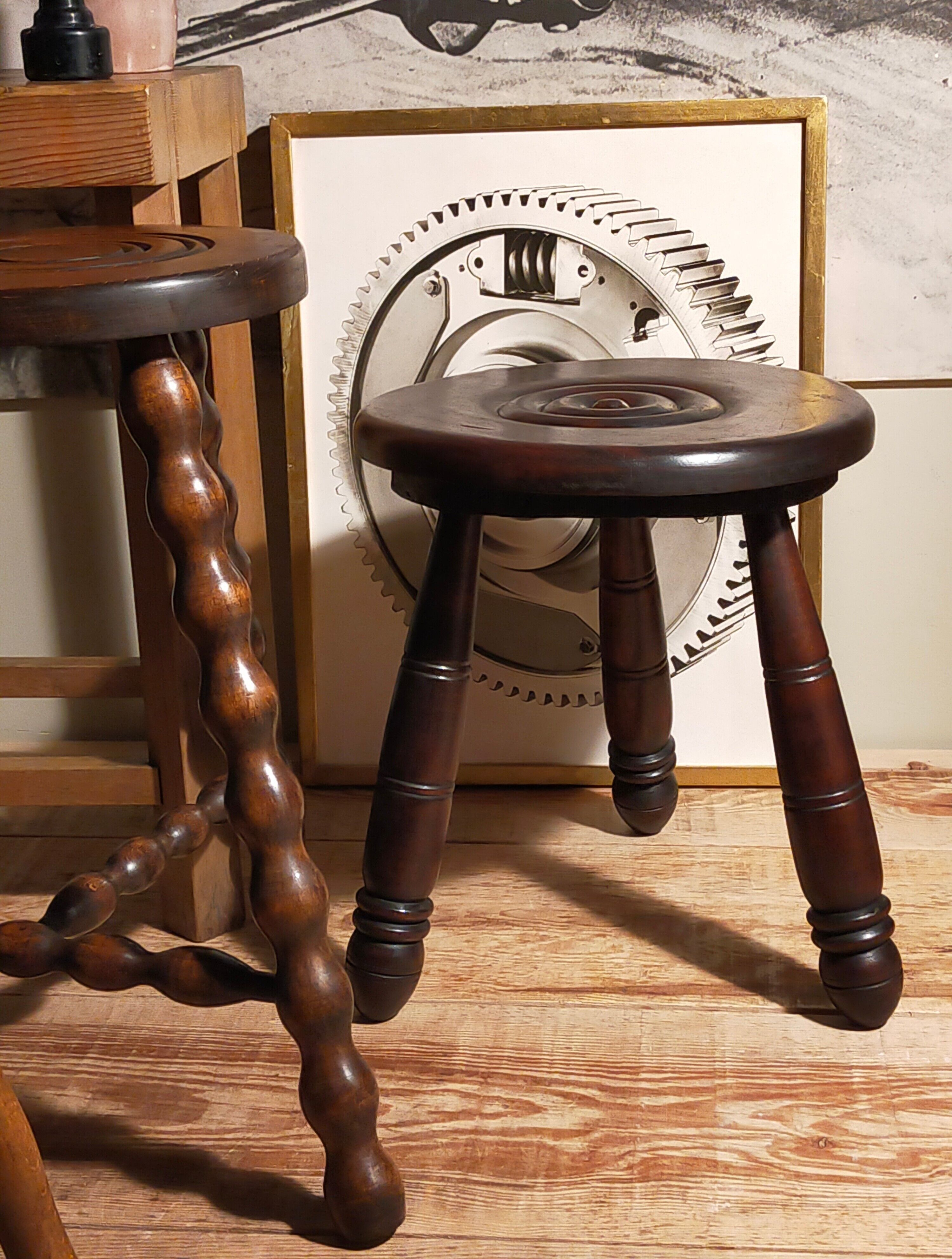 Tripod stool solid wood turned vintage