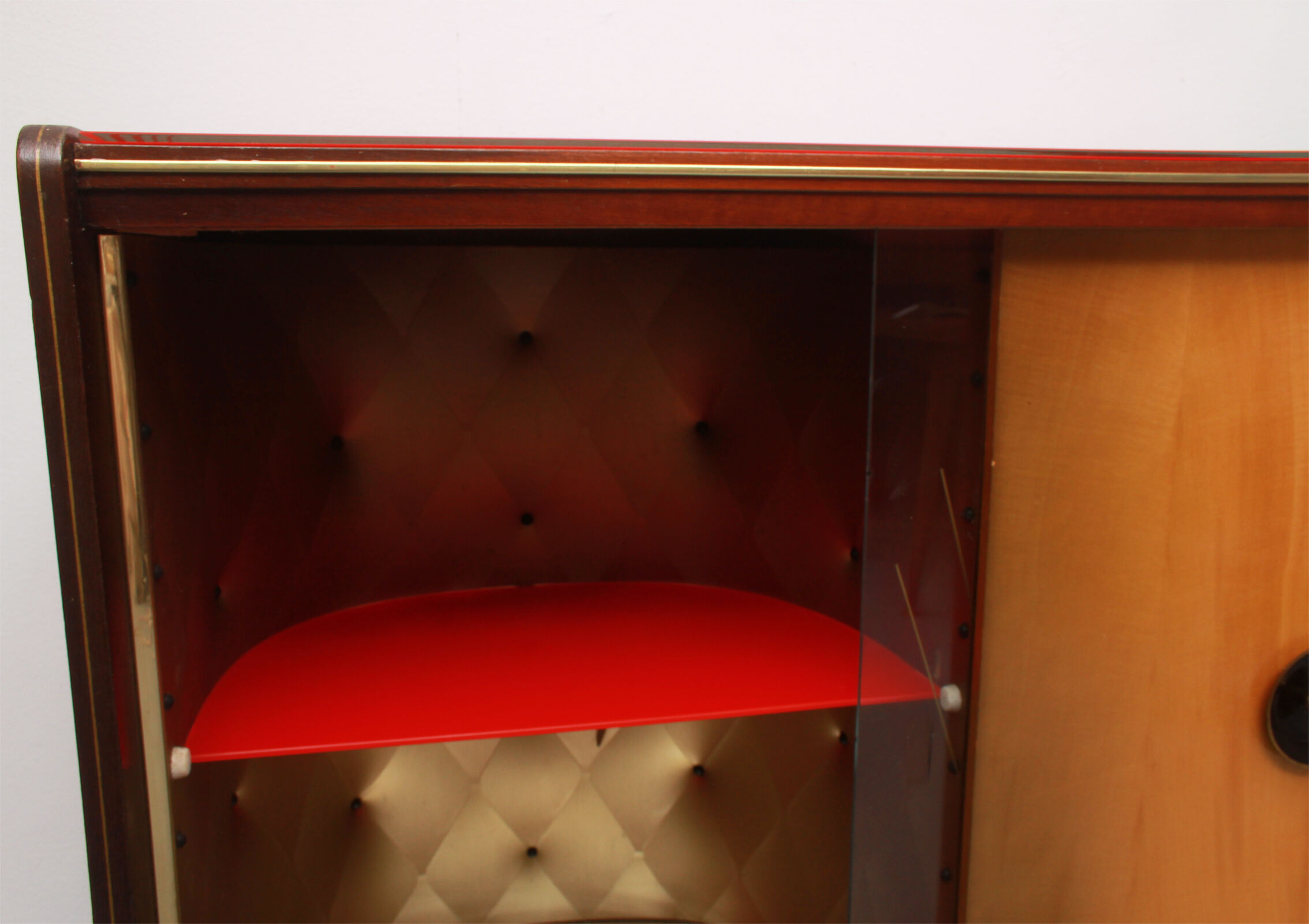 1950s bar cabinet in maple and glass