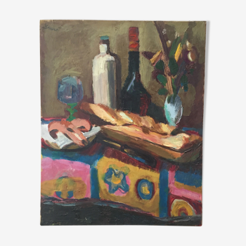 Peinture à l’huile nature morte signée « Beaucé » 57 x 52 cm