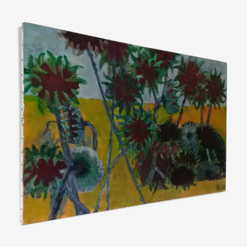 Huile sur toile tournesols composition moderne signée P.lobato