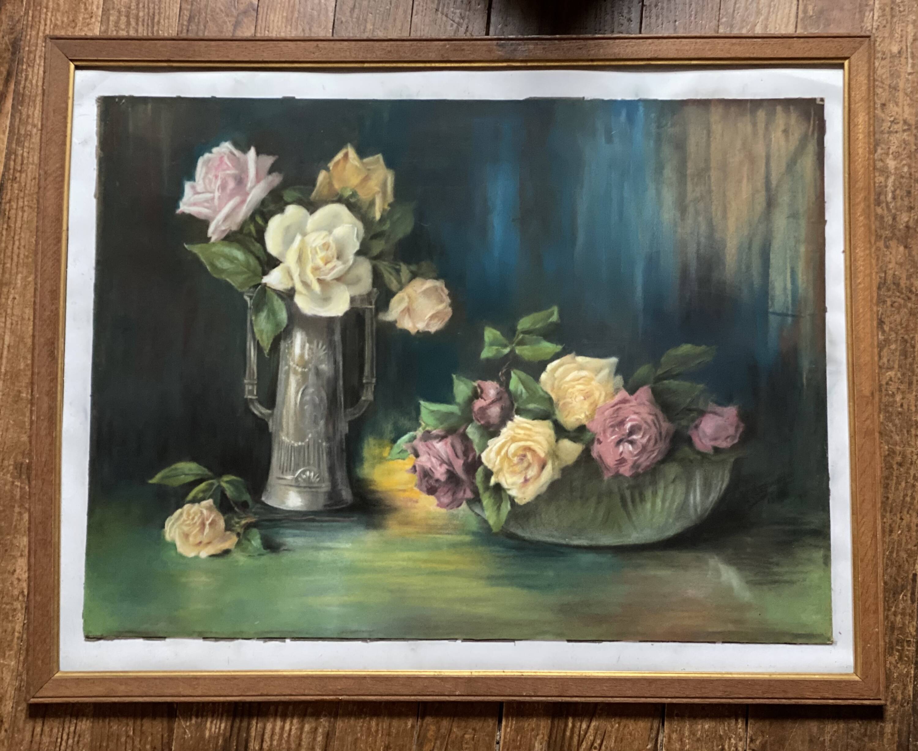 Old pastel painting, bouquets of roses, still life signed M. Legendre