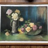 Tableau au pastel ancien, bouquets de roses, nature morte signée M. Legendre
