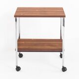 Vintage side table on wheels. Chrome-plated iron tube and wood. France, 1970s.