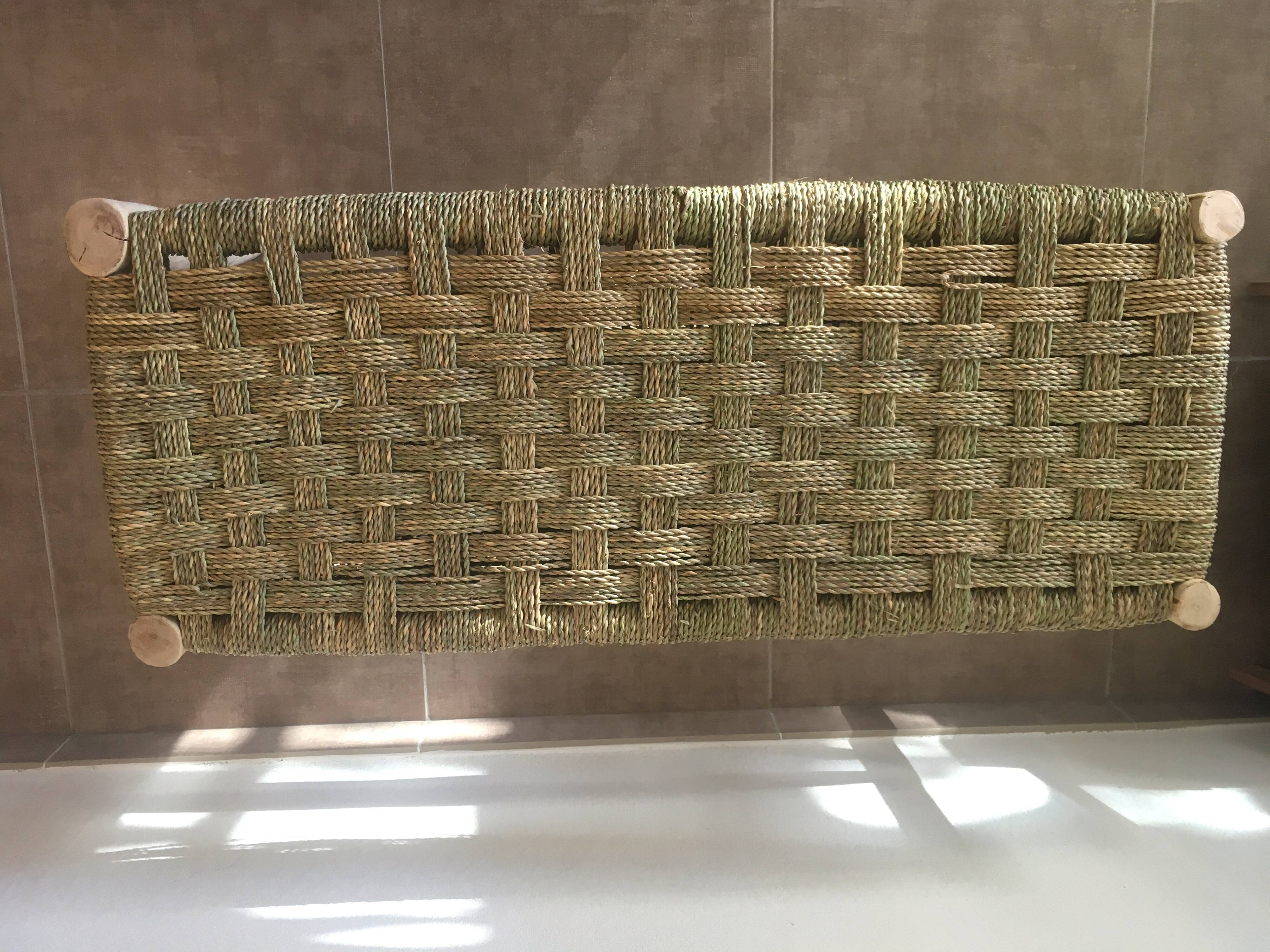 poplar bench and braided doum (palm tree)