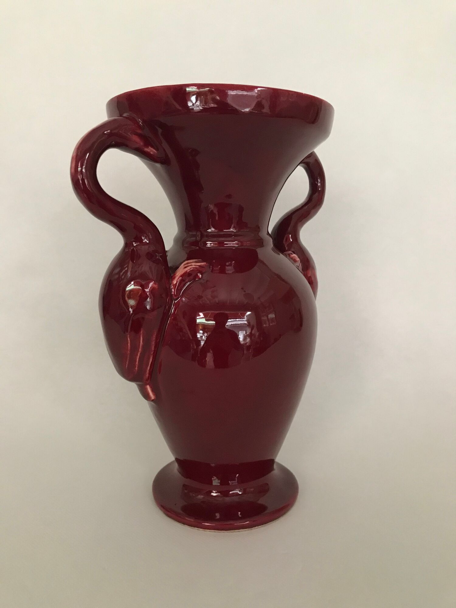 Red baluster vase with pink flamingo handles, signed Ray Camart, Antibes, circa 1960