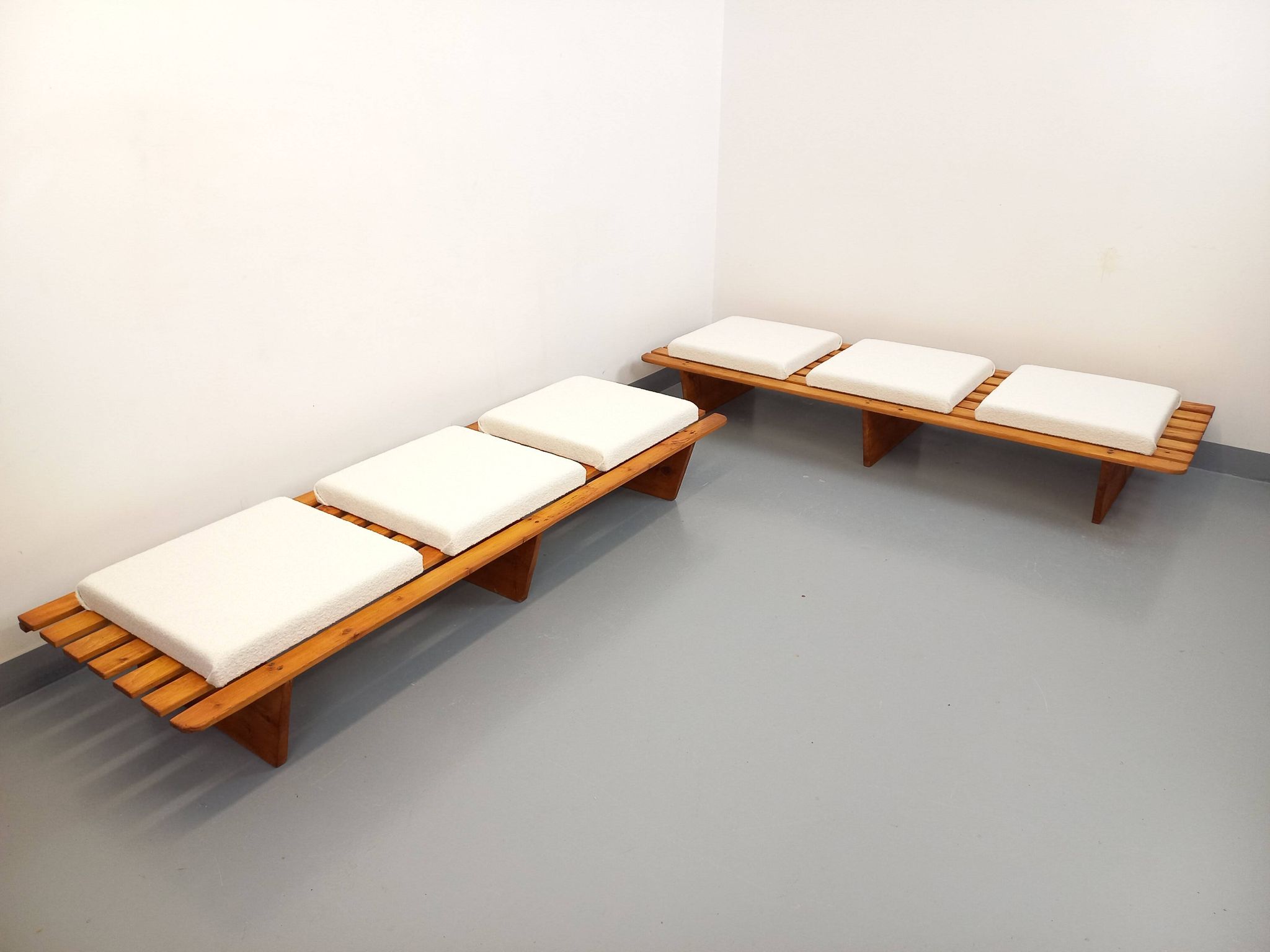 Pair of vintage  Perriand style  pine benches