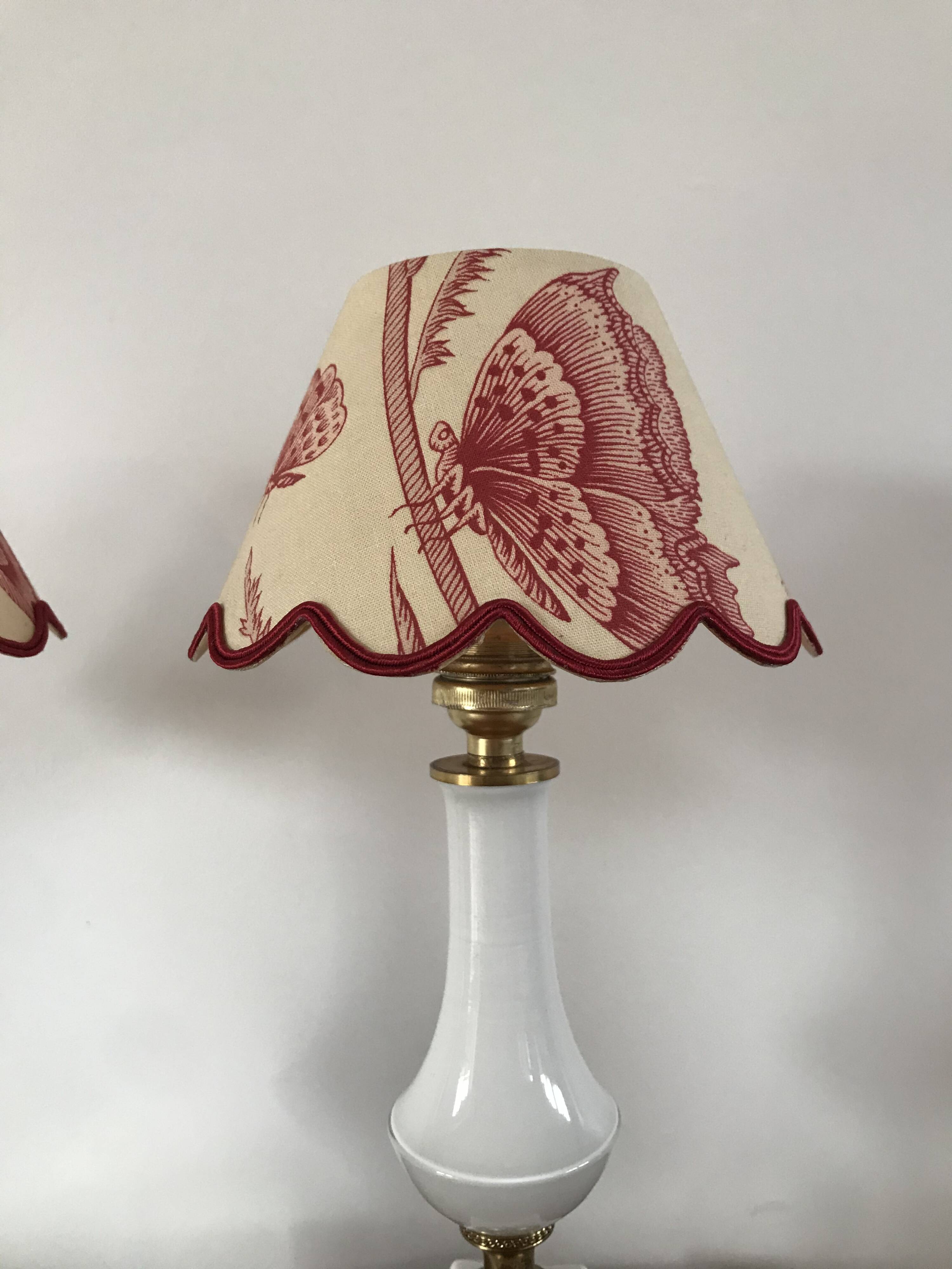 Pair of bedside lamps in opaline and brass toile de jouy lampshades 1950