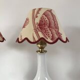 Pair of bedside lamps in opaline and brass toile de jouy lampshades 1950